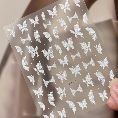 3D Geprägte Schmetterling Nagelkunst-Aufkleber Elegante Weiße Schwarze Spitzenmuster Selbstklebend DIY Maniküre Deko Für Damen