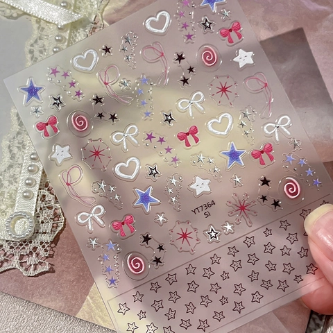 3D Embossed Silver Hot Stamping Nail Art Stickers Sweet Heart Star Bow Pattern Nail Decals For Women DIY Beauty Decoration