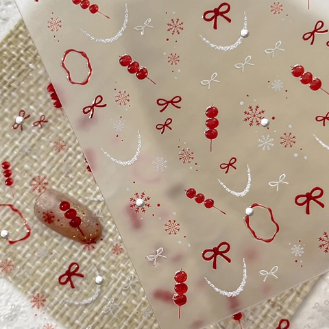 Adesivi per Unghie 3D in Rilievo Fiocco Rosso Frutta Candita Fiocchi di Neve Design Donna Capodanno Decorazione Manicure Festiva