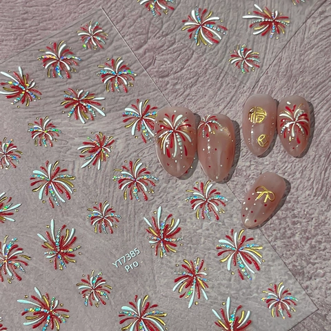 3D Bronzing Fireworks Nail Stickers For Women DIY Festive Manicure Decals Gold Red Glitter Holographic Nail Art Decoration