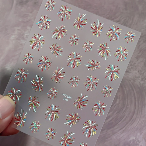 3D Bronzing Fireworks Nail Stickers For Women DIY Festive Manicure Decals Gold Red Glitter Holographic Nail Art Decoration