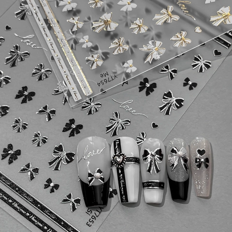 5D Embossed Nail Art Stickers Romantic Bowknot Heart Love Design Self Adhesive Manicure Decals For Women DIY Decoration