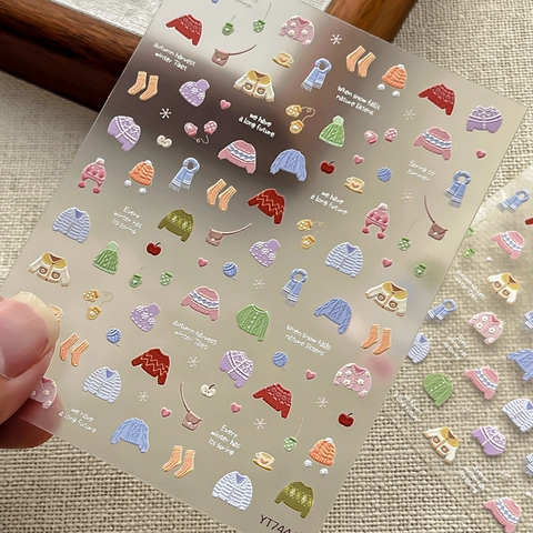 5D Embossed Nail Art Stickers Winter Sweater Theme Self-Adhesive Stereo Relief Design For DIY Manicure Nail Decorations