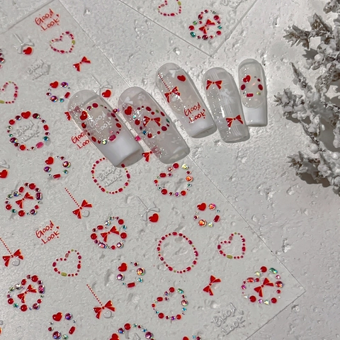 Zoete Rode Hart Strik 3D Nagelstickers Reliëf Strass Decals Voor Vrouwen Valentijn DIY Manicure Decoratie Good Look Stijl