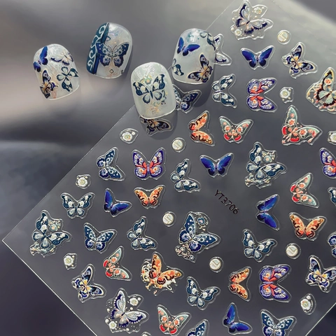 5D Relief Butterfly Nail Stickers Vintage Bohemian Design Embossed Manicure Decals For Women DIY Nail Art Decoration YT3706