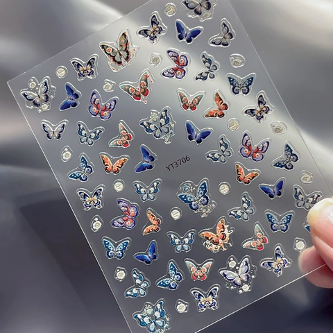 5D Relief Butterfly Nail Stickers Vintage Bohemian Design Embossed Manicure Decals For Women DIY Nail Art Decoration YT3706