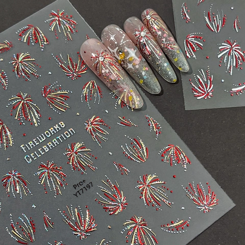 3D Embossed Fireworks Celebration Nail Art Stickers Gold Silver Red Laser Relief Nail Decals For New Year Party Women Decoration
