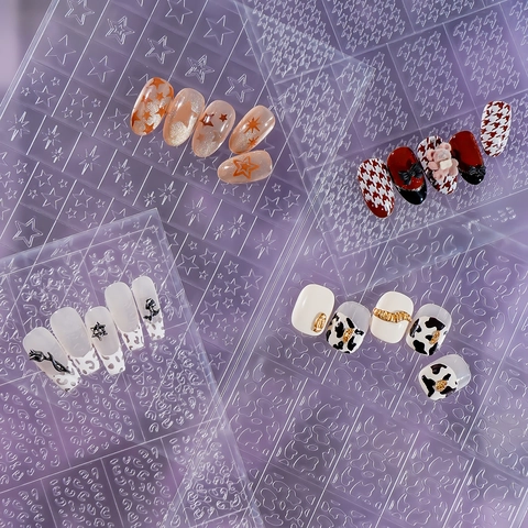 Hollow Relief Nail Art Stickers 3D Embossed Grid Checkered Leopard Cow Print DIY Manicure Decoration Stencils For Women