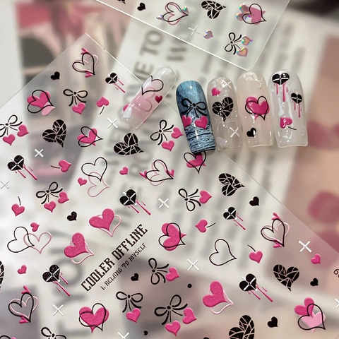 Y2K Nail Art Stickers Heart Bow Relief 5D Holographic Bronzing Gold Silver Nail Stickers For Women Cool Girl Nail Art Decoration
