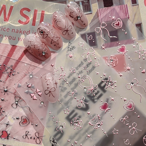 3D 5D Embossed Nail Art Stickers Magical Girl Style Hearts Stars Bows Decorative Manicure Decals For Women Sweet Design