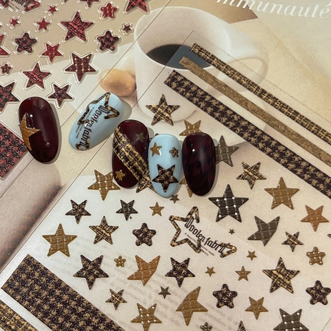3D Relief Nail Art Stickers Star Houndstooth Pattern Woolen Fabric Texture Retro Self Adhesive DIY Manicure Stickers For Women