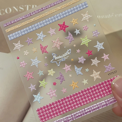 3D Relief Nail Art Stickers Star Houndstooth Pattern Woolen Fabric Texture Retro Self Adhesive DIY Manicure Stickers For Women
