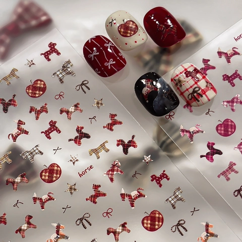 Cute Horse British Plaid Nail Stickers Bow Apple Star Pattern Printed Nail Art Decals DIY Manicure Decoration For Women