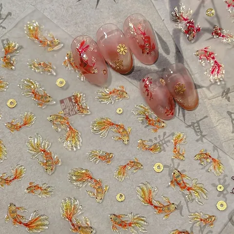 3D Relief Koi Fish Nail Art Stickers Chinese Style Gold Stamping Goldfish Design Manicure Decals For Women Decoration