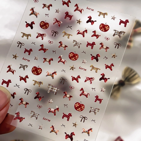 Cute Horse British Plaid Nail Stickers Bow Apple Star Pattern Printed Nail Art Decals DIY Manicure Decoration For Women