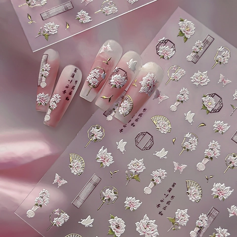 5D Embossed Nail Art Stickers For Women New Chinese Style Peony Flower Butterfly Fan Manicure DIY Decals Decoration