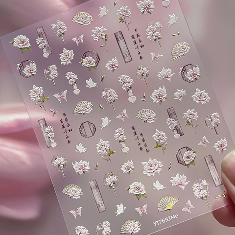 5D Embossed Nail Art Stickers For Women New Chinese Style Peony Flower Butterfly Fan Manicure DIY Decals Decoration
