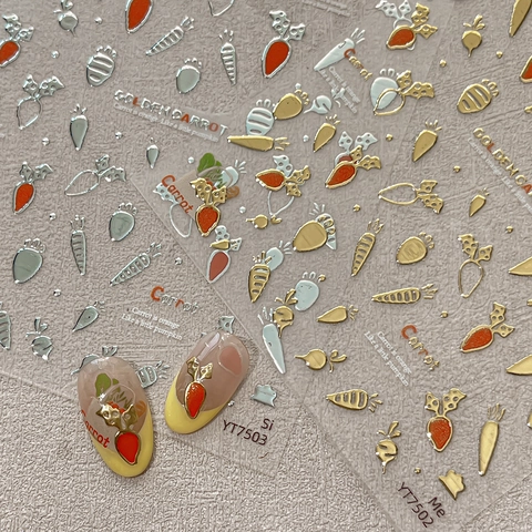 Cute 3D Embossed Carrot Nail Art Stickers Gold Silver Foil Self Adhesive DIY Decals For Women Manicure Decoration