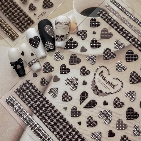 5D Embossed Nail Art Stickers Vintage Houndstooth Heart Tweed Texture British Style DIY Manicure Decoration Decals
