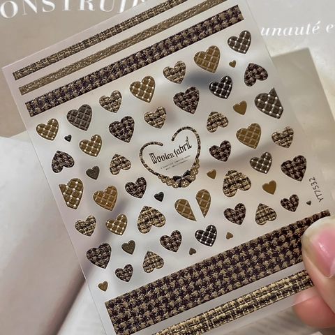 5D Embossed Nail Art Stickers Vintage Houndstooth Heart Tweed Texture British Style DIY Manicure Decoration Decals