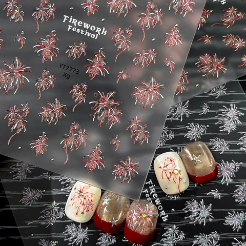 3D Laser Firework Nail Stickers For Women Glitter Gold Silver Red Firework Star Nail Art Decals For Party Celebration Festive Nail Decoration