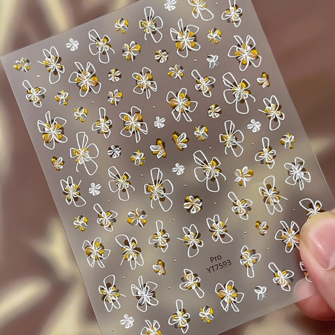 3D Relief Flower Nail Stickers Gold Stamping White Floral Nail Art Decals Elegant Professional DIY Decoration For Women