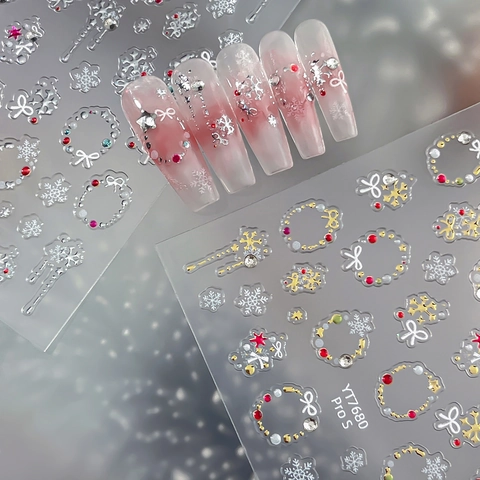 3D Embossed Christmas Snowflake Nail Art Stickers Gold Silver Winter Wreath Bow Self Adhesive Manicure Decoration For Women