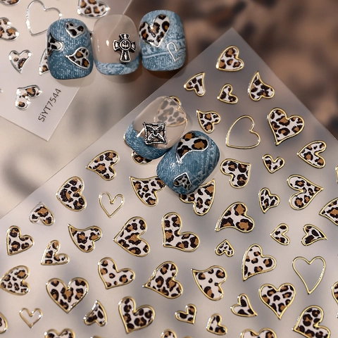 Metallic Leopard Heart Nail Art Stickers Gold Silver Y2K Leopard Print Adhesive Decals For Women DIY Manicure Decoration