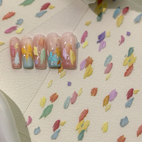 Yitu Geprägte Nagelaufkleber Bunte Ölmalerei Pinselstriche DIY Maniküre Abziehbilder Für Damen Künstlerische Dekoration