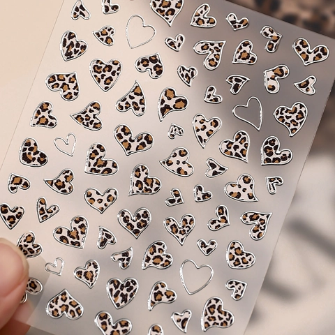 Metallic Leopard Heart Nail Art Stickers Gold Silver Y2K Leopard Print Adhesive Decals For Women DIY Manicure Decoration