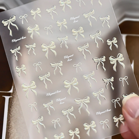 5D Embossed Bow Nail Stickers Elegant Artificial Pearl Luster Iridescent 3D Relief Bowknot Nail Art Decals For DIY Manicure Decoration