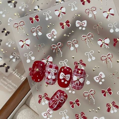 5D Embossed Nail Art Stickers 3D Bow Star Design Self Adhesive Nail Decals For DIY Manicure Christmas New Year Women Decoration