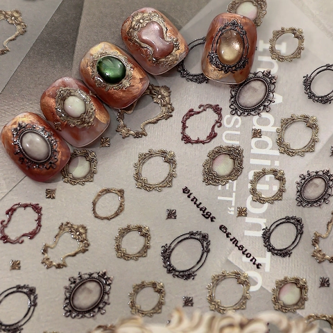 Vintage Gemstone 3D Embossed Nail Art Stickers Baroque Photo Frame Design Retro Jewelry Decals For Women Manicure Decoration