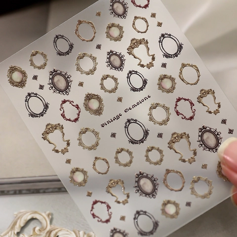 Vintage Gemstone 3D Embossed Nail Art Stickers Baroque Photo Frame Design Retro Jewelry Decals For Women Manicure Decoration