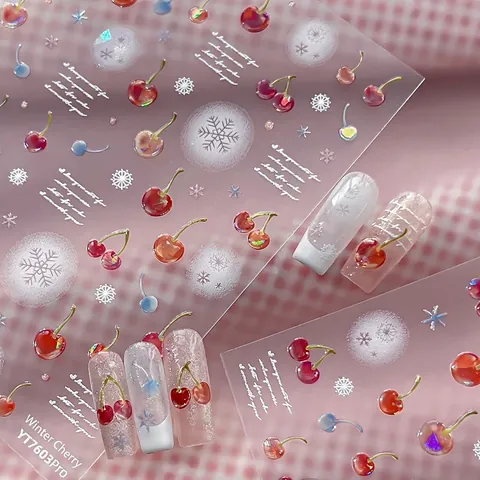 3D Winterkirsche Schneeflocke Nagelaufkleber Geprägte Rote Kirsche Weiße Schneeflocke Nail Art Decals Damen DIY Maniküre Zubehör