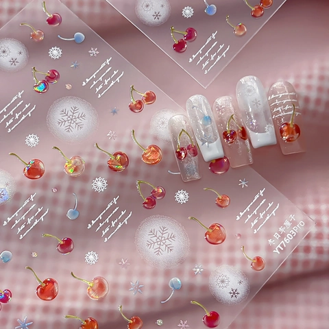 3D Winterkirsche Schneeflocke Nagelaufkleber Geprägte Rote Kirsche Weiße Schneeflocke Nail Art Decals Damen DIY Maniküre Zubehör