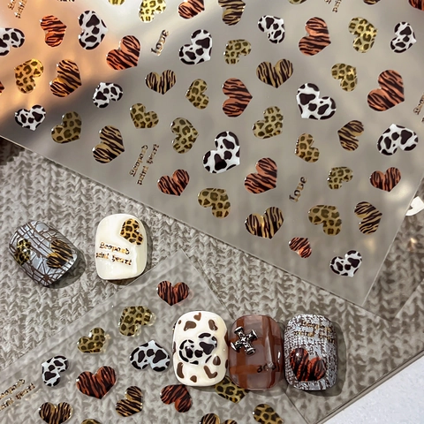 3D Leopard Print Heart Star Nail Art Stickers Animal Pattern Self Adhesive Nail Decals For Women DIY Manicure Decoration