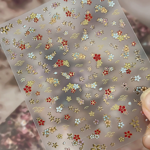 Japanese Cherry Blossom Nail Stickers Gold Foil Hot Stamping Sakura Flowers Wave Patterns Nail Art Decals DIY Manicure Jewelry