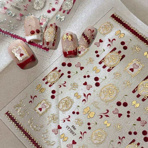 3D Embossed Nail Art Stickers French Retro Rose Bow Cherry Patterns Gilded Self-Adhesive Nail Decals For Women DIY Decoration