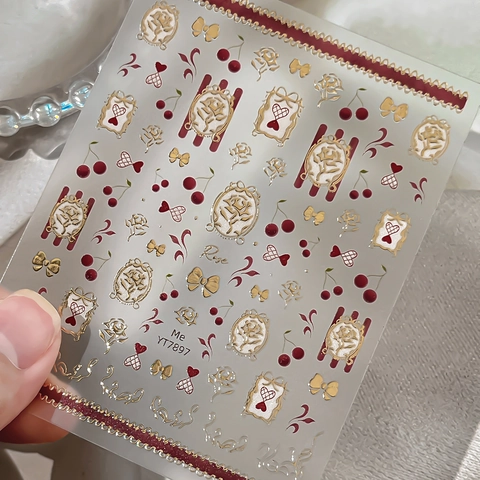 3D Embossed Nail Art Stickers French Retro Rose Bow Cherry Patterns Gilded Self-Adhesive Nail Decals For Women DIY Decoration