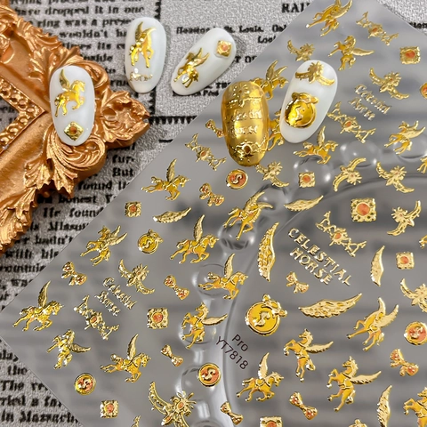 Celestial Horse 3D Relief Nail Art Stickers Gold Silver Bronzing Pegasus Wings Star Moon Vintage DIY Manicure Decals For Women