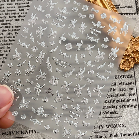 Celestial Horse 3D Relief Nail Art Stickers Gold Silver Bronzing Pegasus Wings Star Moon Vintage DIY Manicure Decals For Women