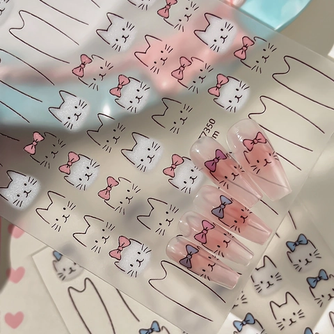 Cute Cartoon Cat Facial Expression Nail Stickers With Colorful Bows Transparent DIY Nail Art Decoration Decals YT7349