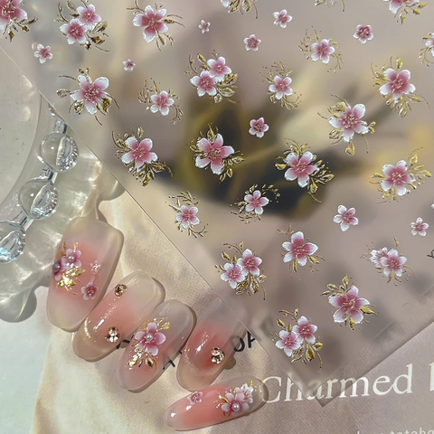 5D Relief Kirschblüte Nagelaufkleber Rosa Sakura Blumenmuster Goldprägung Nagel Decals Für Damen DIY Maniküre Dekorationen