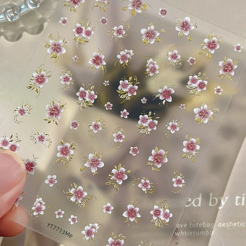 5D Relief Kirschblüte Nagelaufkleber Rosa Sakura Blumenmuster Goldprägung Nagel Decals Für Damen DIY Maniküre Dekorationen