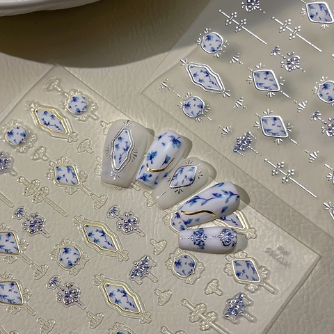 Blue Floral Nail Art Stickers Gold Silver Foil Embossed Chinoiserie Nail Decals For Women DIY Manicure Decoration