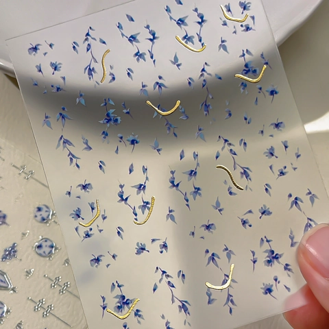 Blue Floral Nail Art Stickers Gold Silver Foil Embossed Chinoiserie Nail Decals For Women DIY Manicure Decoration