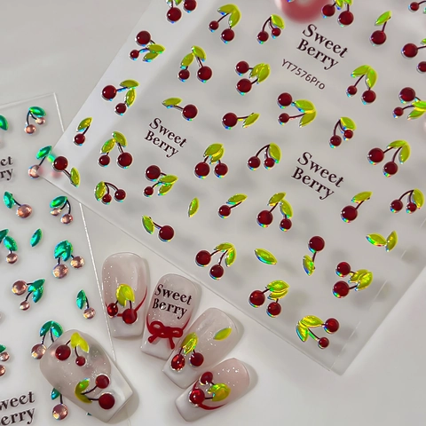 3D Sweet Cherry Nail Art Stickers Holographic Laser Red Fruit Self-Adhesive Nail Decals For Women DIY Manicure Decoration