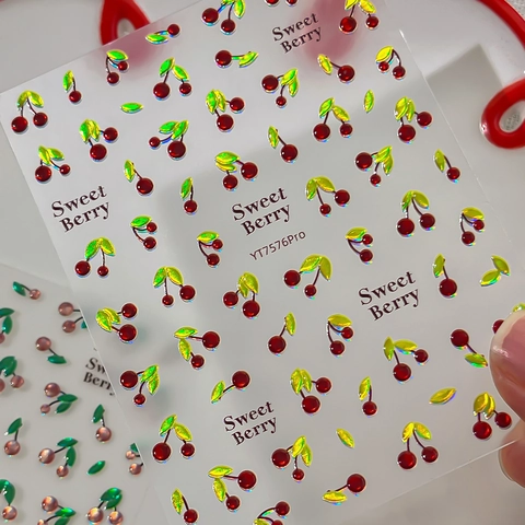 3D Sweet Cherry Nail Art Stickers Holographic Laser Red Fruit Self-Adhesive Nail Decals For Women DIY Manicure Decoration