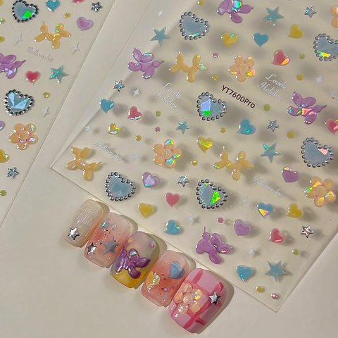 3D Relief Balloon Dog Nail Art Stickers Laser Silver Heart Flower Star Macaron Color Holographic Nail Decals For Women